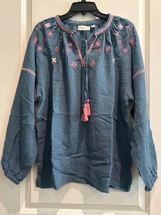 Belle by Kim Gravel Tops - Belle by Kim Gravel Embroidered Gauze Peasant Blouse Blue Large Boho NWT